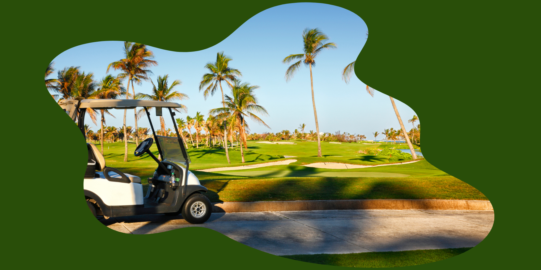 An exterior shot of a palm-tree lined golf course with a buggy at the front