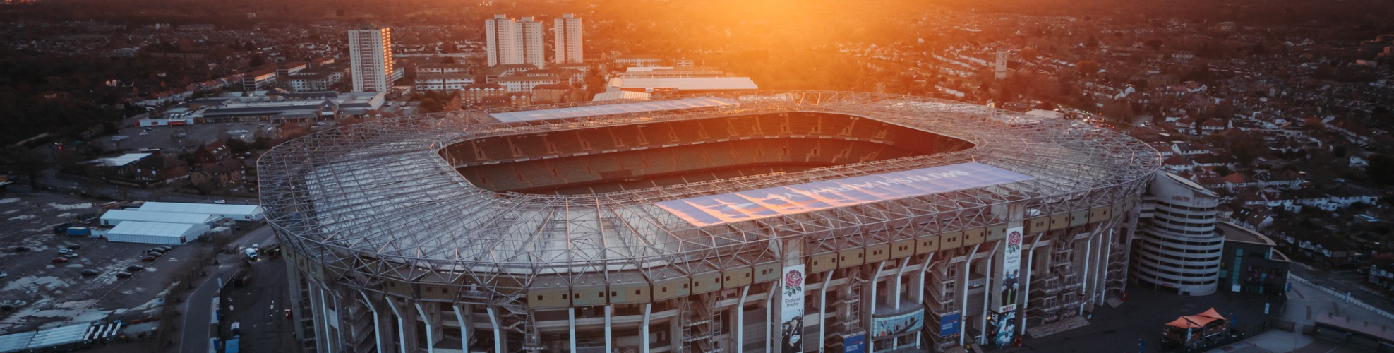 Outdoor view of Twickenham Stadium at sunset