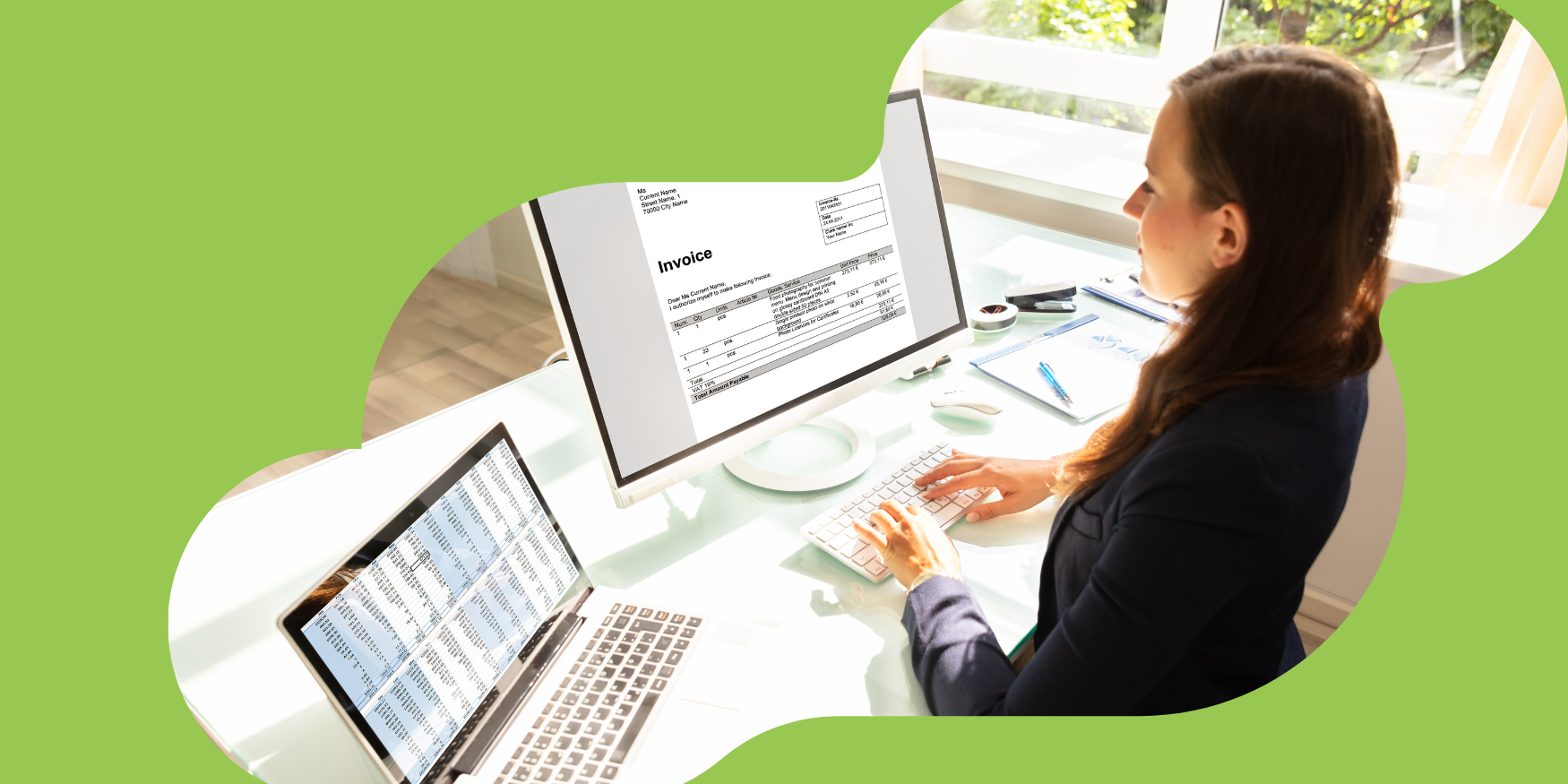 woman using hotel MICE software on computer to manage venue invoices